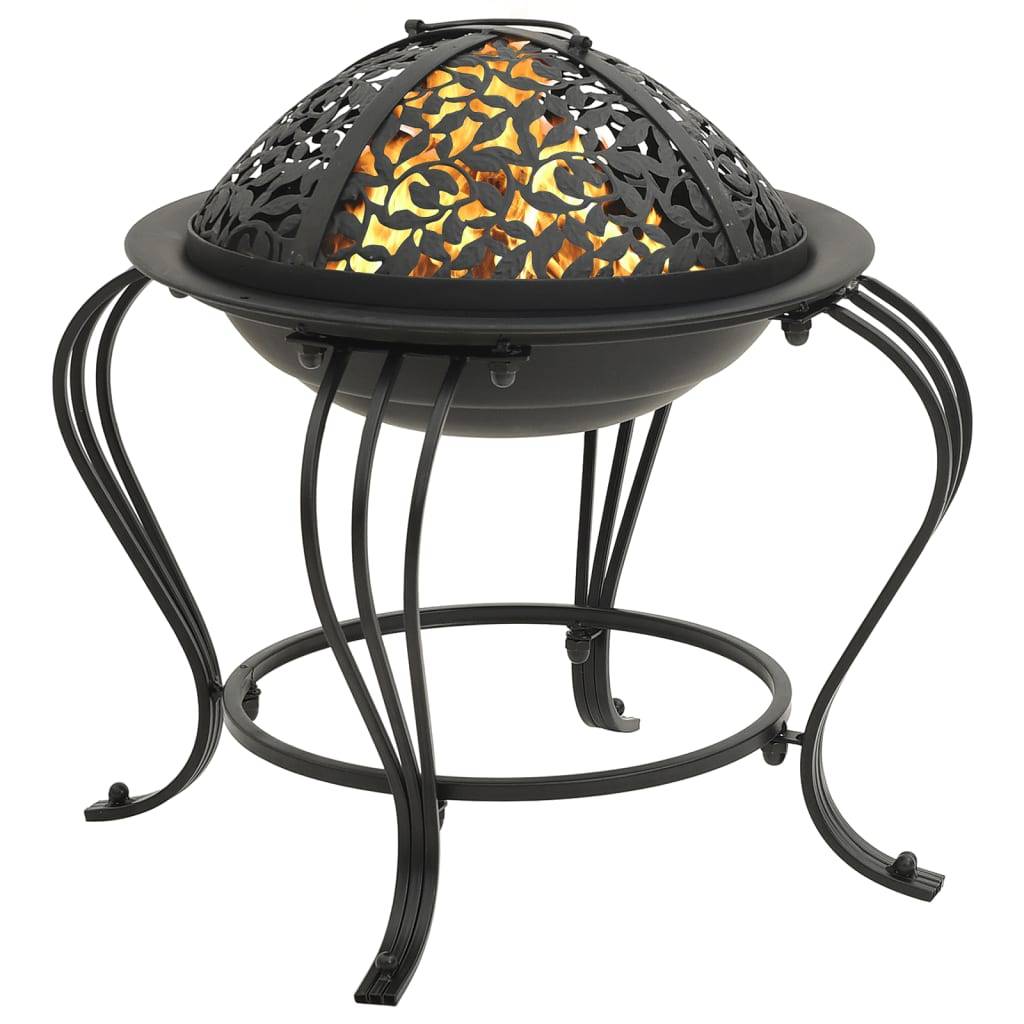 ComfortXL - Brasero de Jardin Rond Acier Foyer avec Couvercle Design Sculpté et Tisonnier 49 cm Noir - ComfortXL Outdoor Living - Image 2