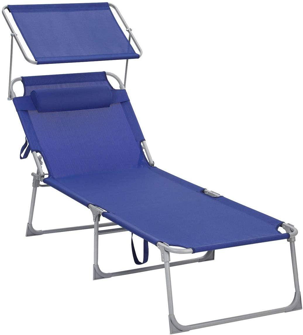 Helloshop26 - Chaise longue bain de soleil transat de relaxation grand modèle 71 x 200 x 38 cm charge 150 kg avec appui tête dossier et parasol inclinables pliable - Image 1