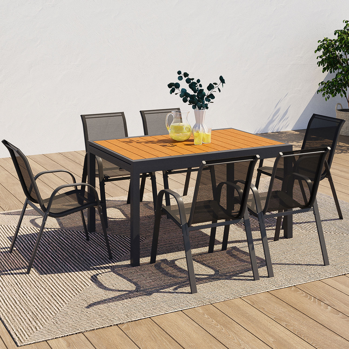 Salon de jardin POLY table extensible 135-270 CM et 12 chaises bois et gris foncé - Image 6