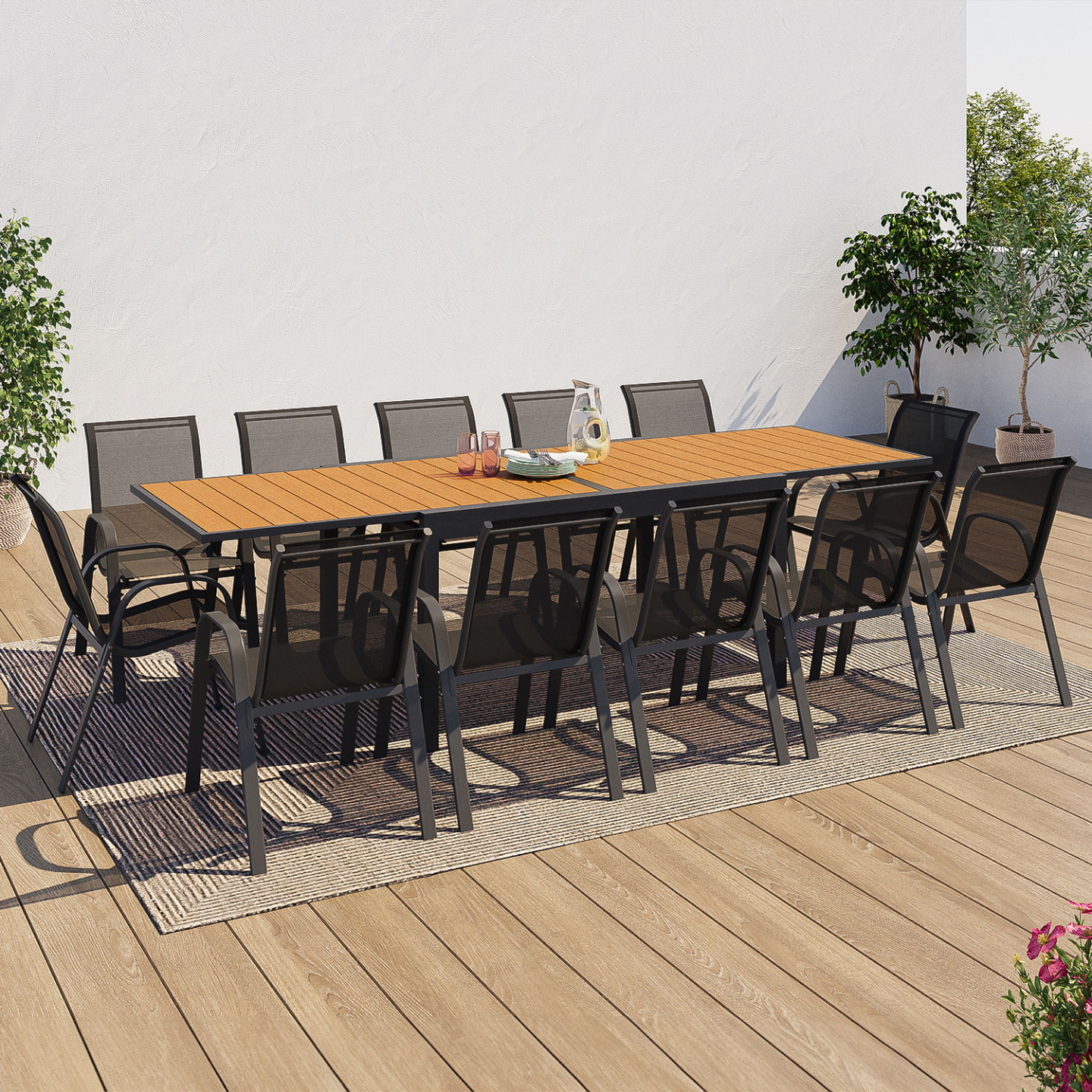Salon de jardin POLY table extensible 135-270 CM et 12 chaises bois et gris foncé - Image 1