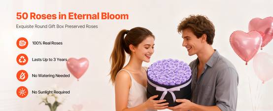 VEVOR Rose Éternelle Fleurs Éternelles Préservées Lot de 50 Boîte Ronde Violet - Image 9