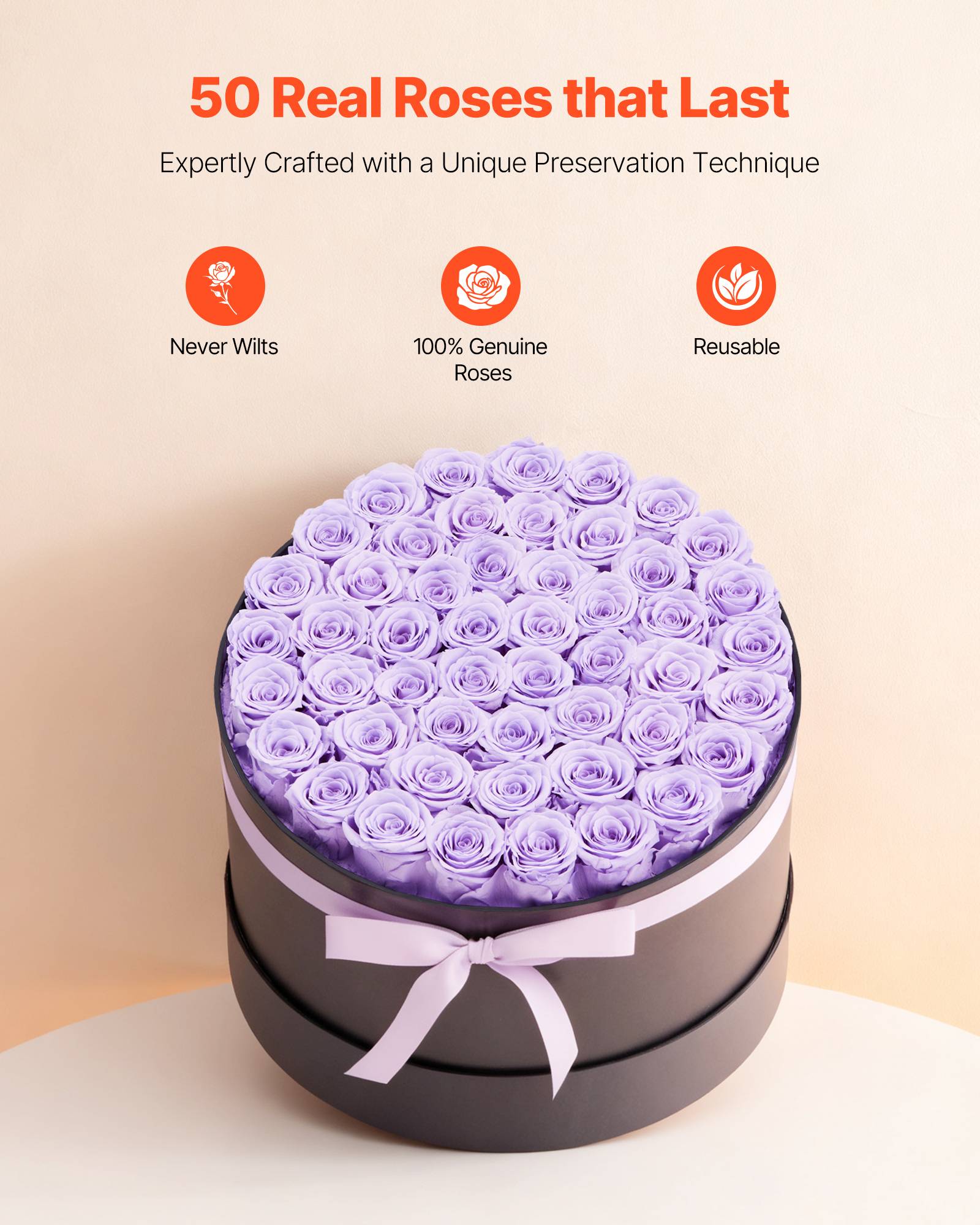 VEVOR Rose Éternelle Fleurs Éternelles Préservées Lot de 50 Boîte Ronde Violet - Image 2
