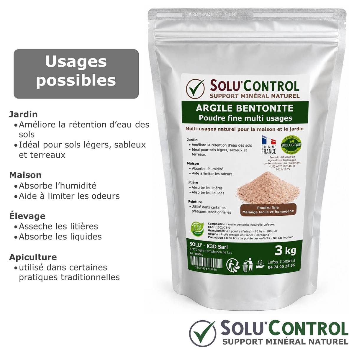Tout pour les nuisibles - Argile Bentonite Naturelle en Poudre 3 Kg SOLU'CONTROL – Fort Pouvoir Absorbant – Rétention d'Eau – Jardin, Terreau, Sols Sableux, Humidité et Litière - Image 2