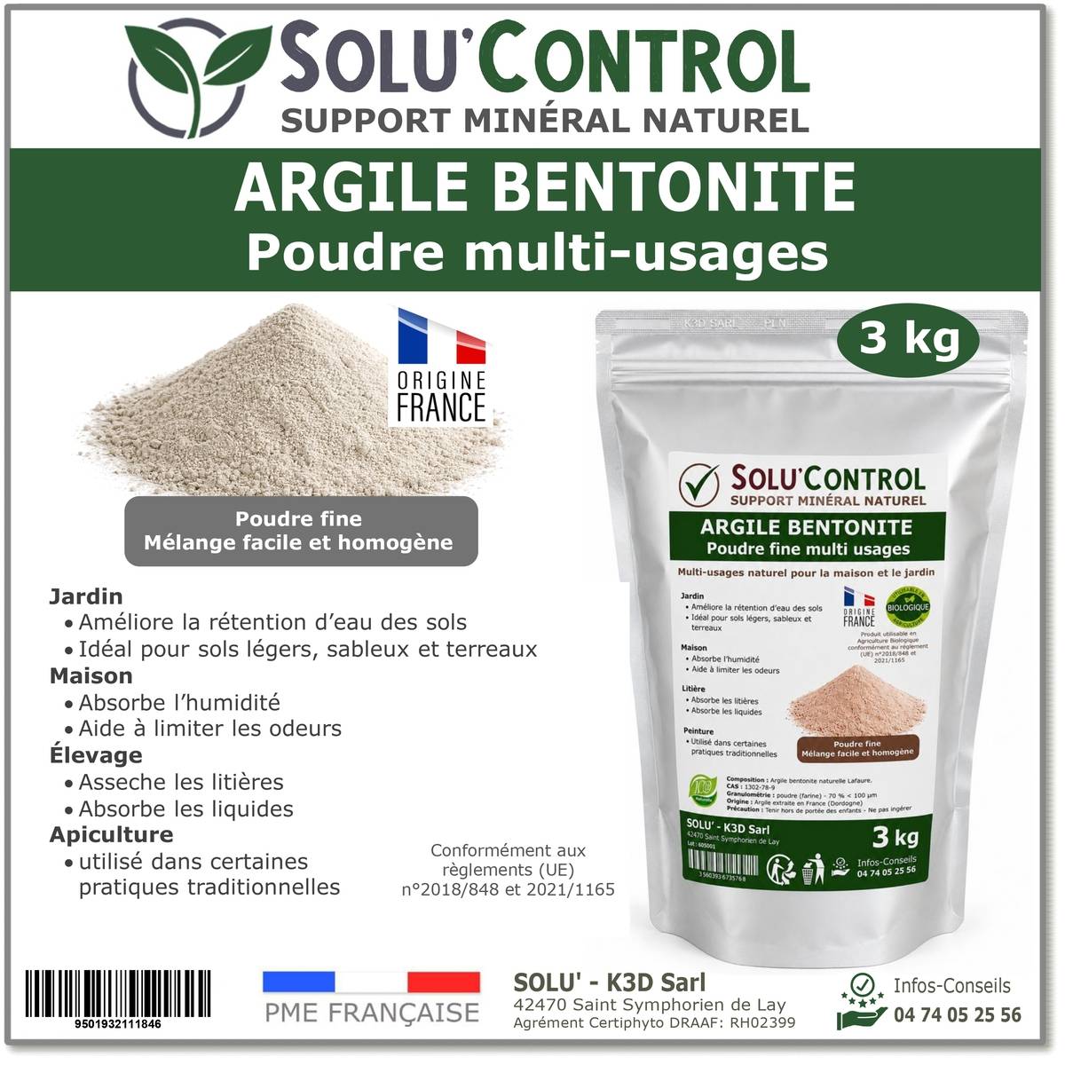 Tout pour les nuisibles - Argile Bentonite Naturelle en Poudre 3 Kg SOLU'CONTROL – Fort Pouvoir Absorbant – Rétention d'Eau – Jardin, Terreau, Sols Sableux, Humidité et Litière - Image 1