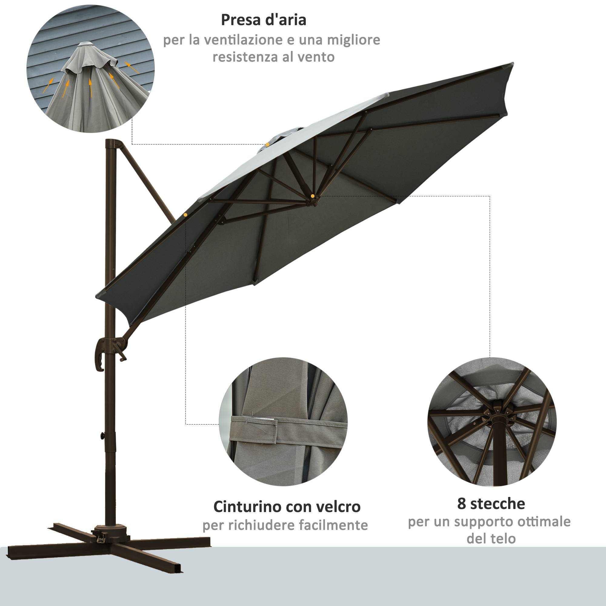 ComfortXL - Parasol déporté acier aluminium extérieur inclinaison 360° Ø295cm gris - ComfortXL Outdoor Living - Image 8