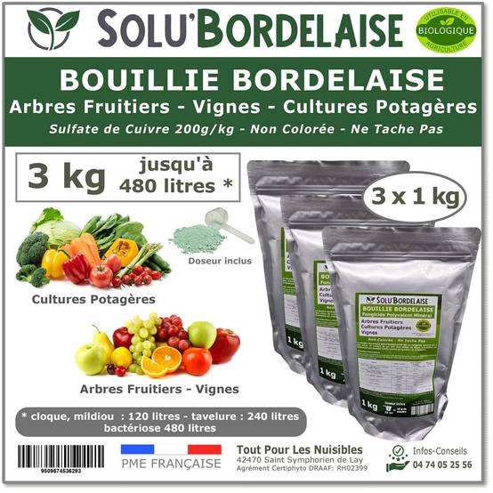Solu'Bordelaise - 3 kg Bouillie Bordelaise Non Colorée - Polyvalent Sulfate de Cuivre - Protection Arbres Fruitiers, Cultures Potagères, Vignes -UAB - Image 1