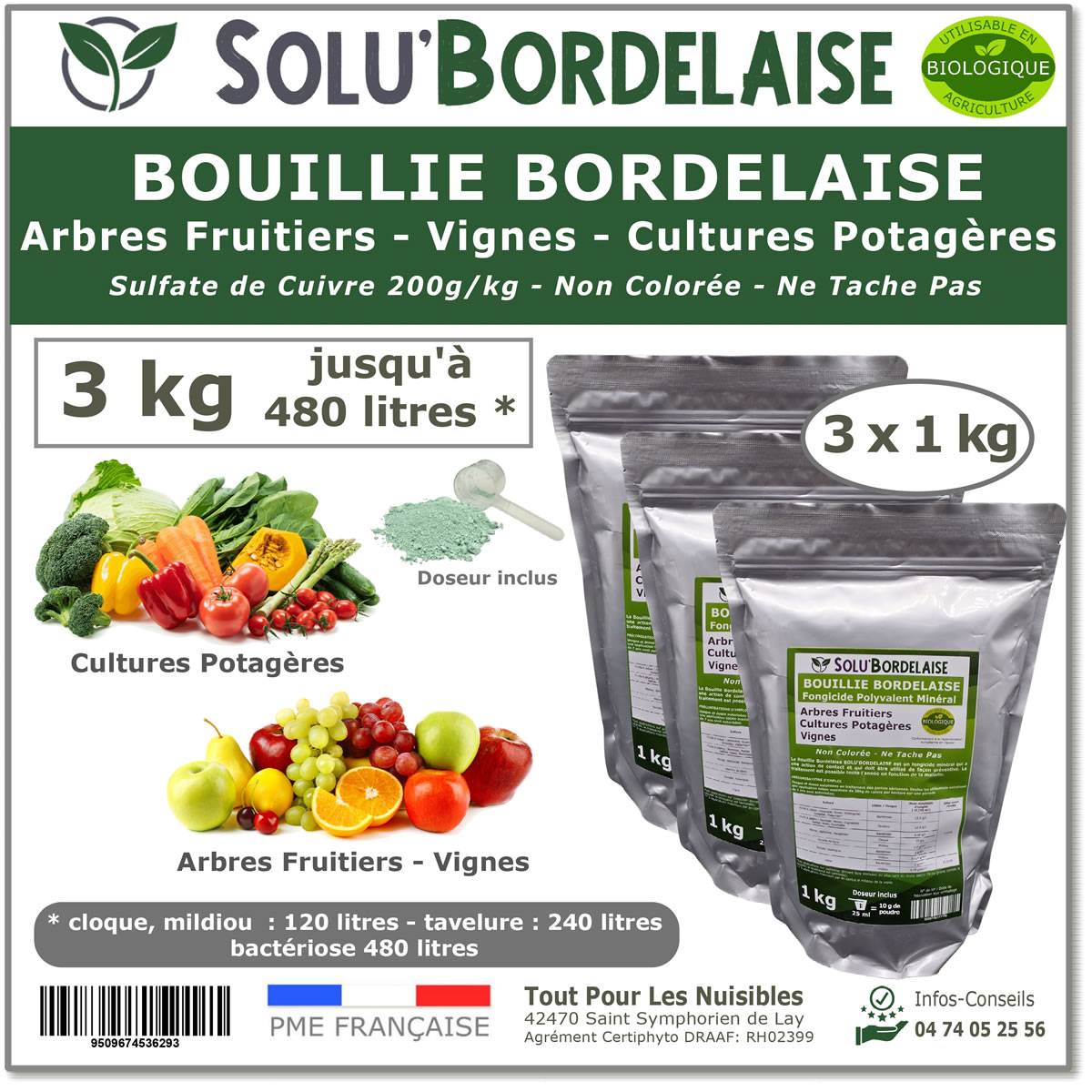 Solu'Bordelaise - 3 kg Bouillie Bordelaise Non Colorée -  Polyvalent Sulfate de Cuivre - Protection Arbres Fruitiers, Cultures Potagères, Vignes -UAB - Image 1