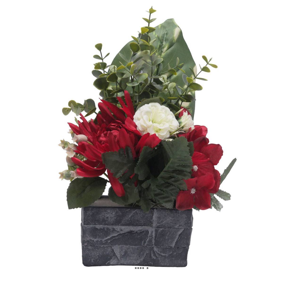 Artificielles - jardinièrre pot beton Chrysanthème, Hortensia, Dahlia et eucalyptus Rouge - couleur: Rouge - Image 1