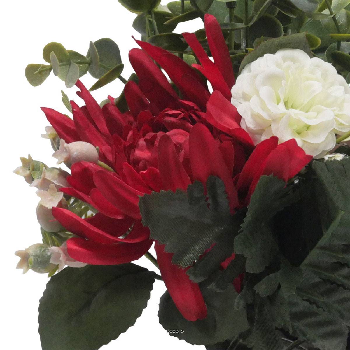 Artificielles - jardinièrre pot beton Chrysanthème, Hortensia, Dahlia et eucalyptus Rouge - couleur: Rouge - Image 3