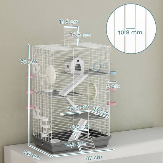 Cage hamster métal petits rongeurs 4 niveaux tubes créatifs 47x30x70cm gris - ComfortXL Outdoor Living - Image 5