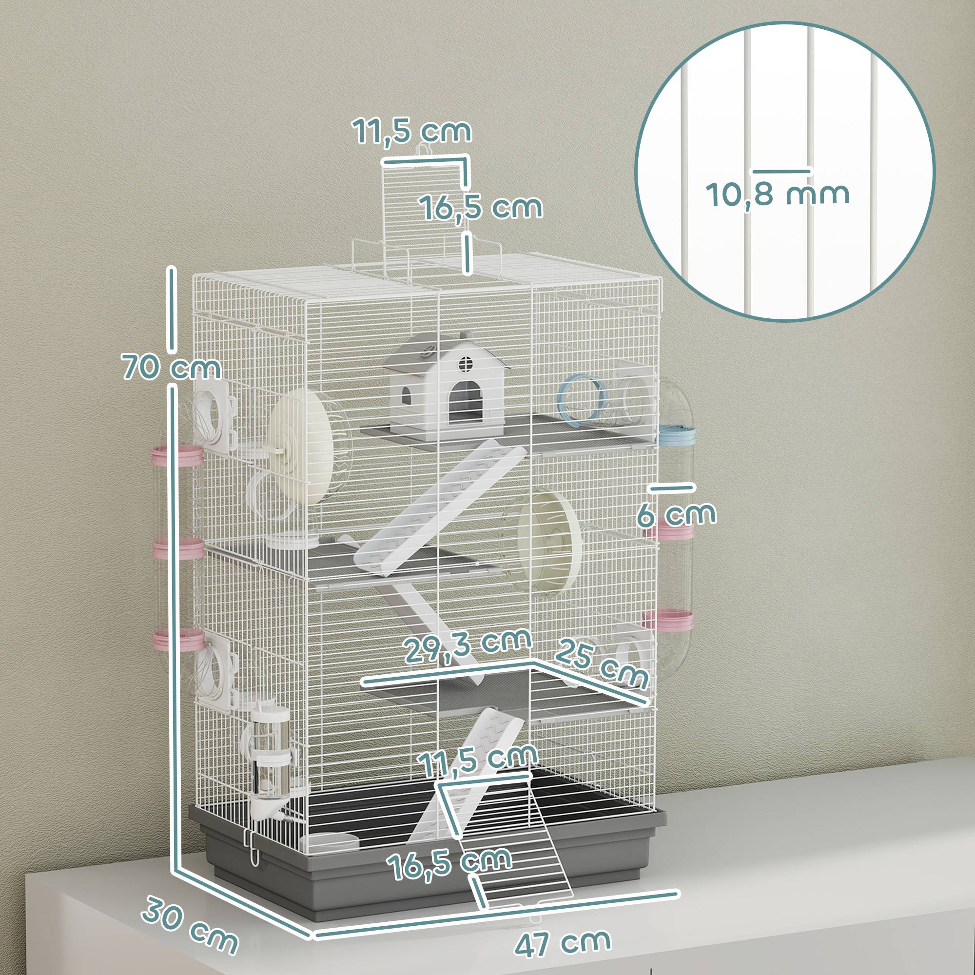 Cage hamster métal petits rongeurs 4 niveaux tubes créatifs 47x30x70cm gris - ComfortXL Outdoor Living - Image 5