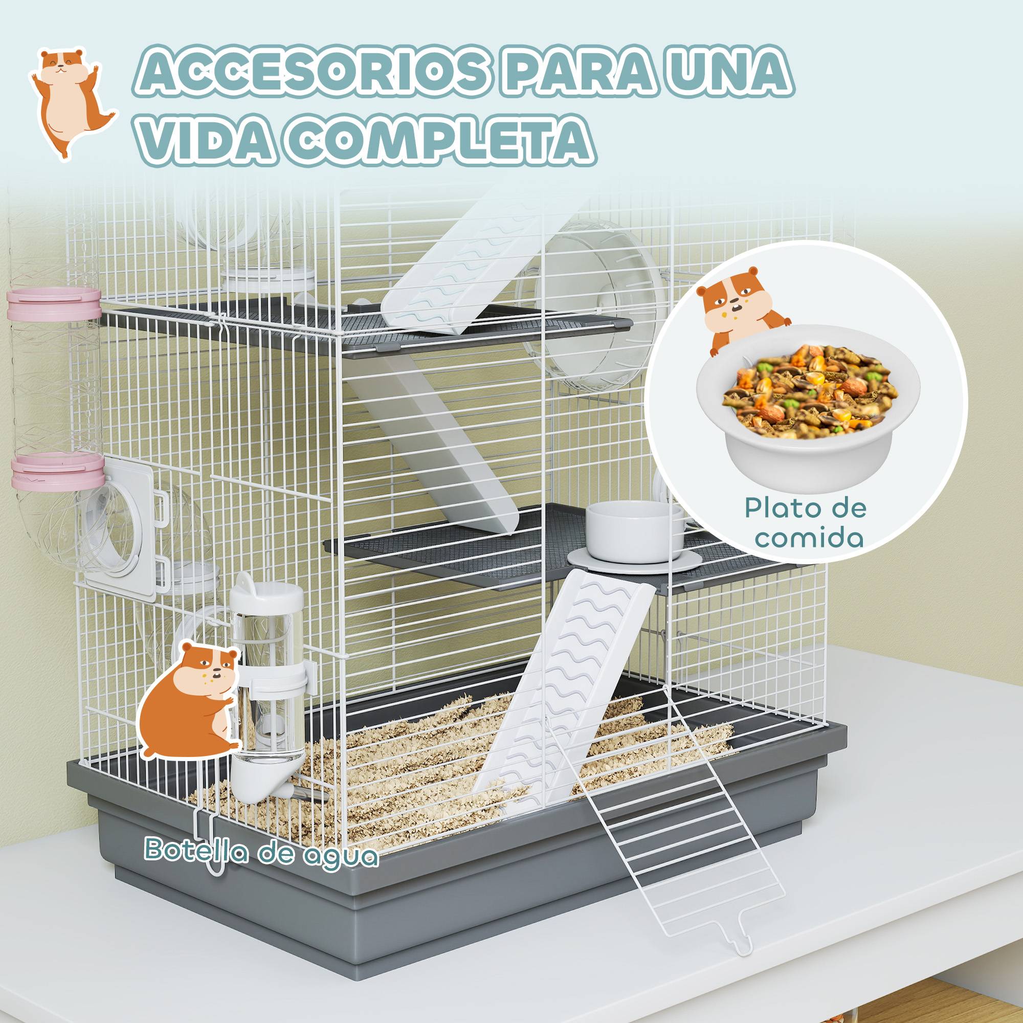Cage hamster métal petits rongeurs 4 niveaux tubes créatifs 47x30x70cm gris - ComfortXL Outdoor Living - Image 8