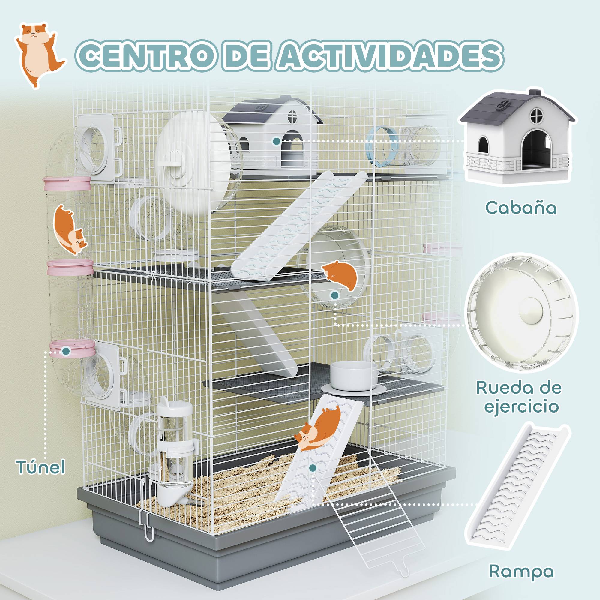 Cage hamster métal petits rongeurs 4 niveaux tubes créatifs 47x30x70cm gris - ComfortXL Outdoor Living - Image 6