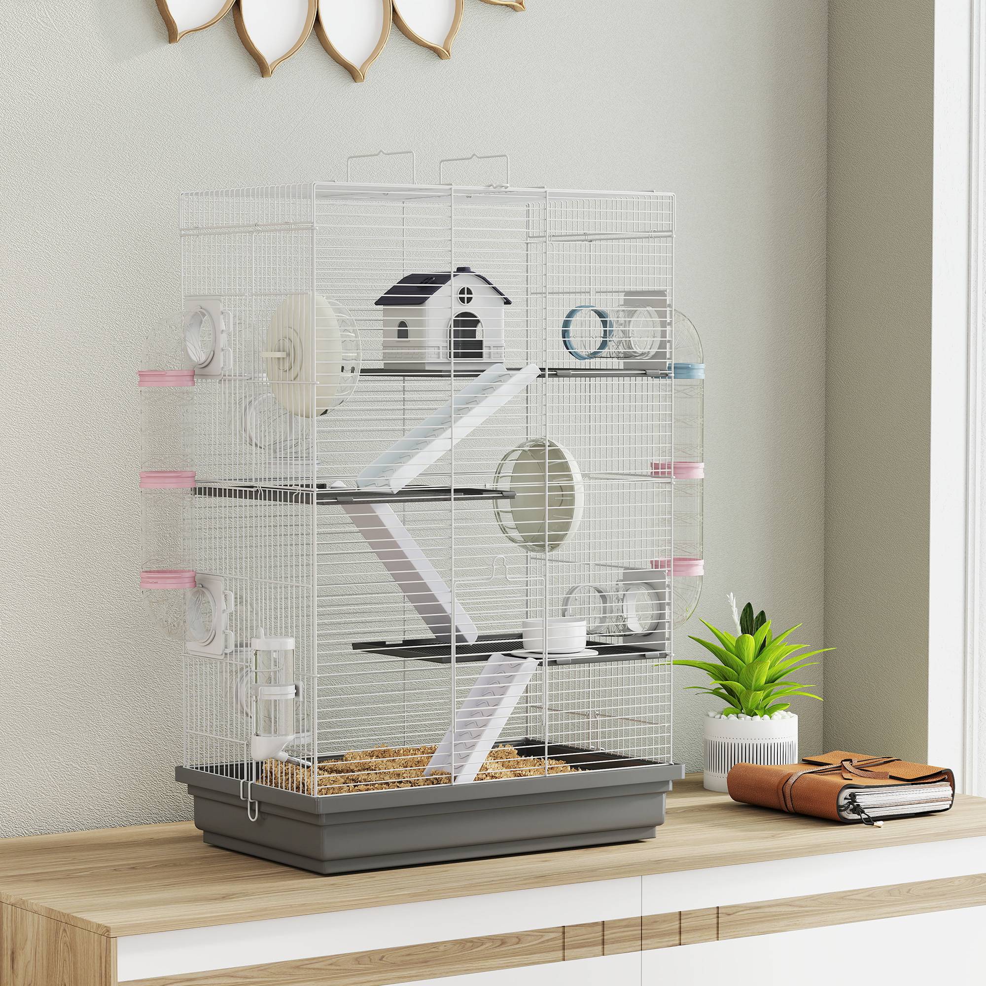 Cage hamster métal petits rongeurs 4 niveaux tubes créatifs 47x30x70cm gris - ComfortXL Outdoor Living - Image 10