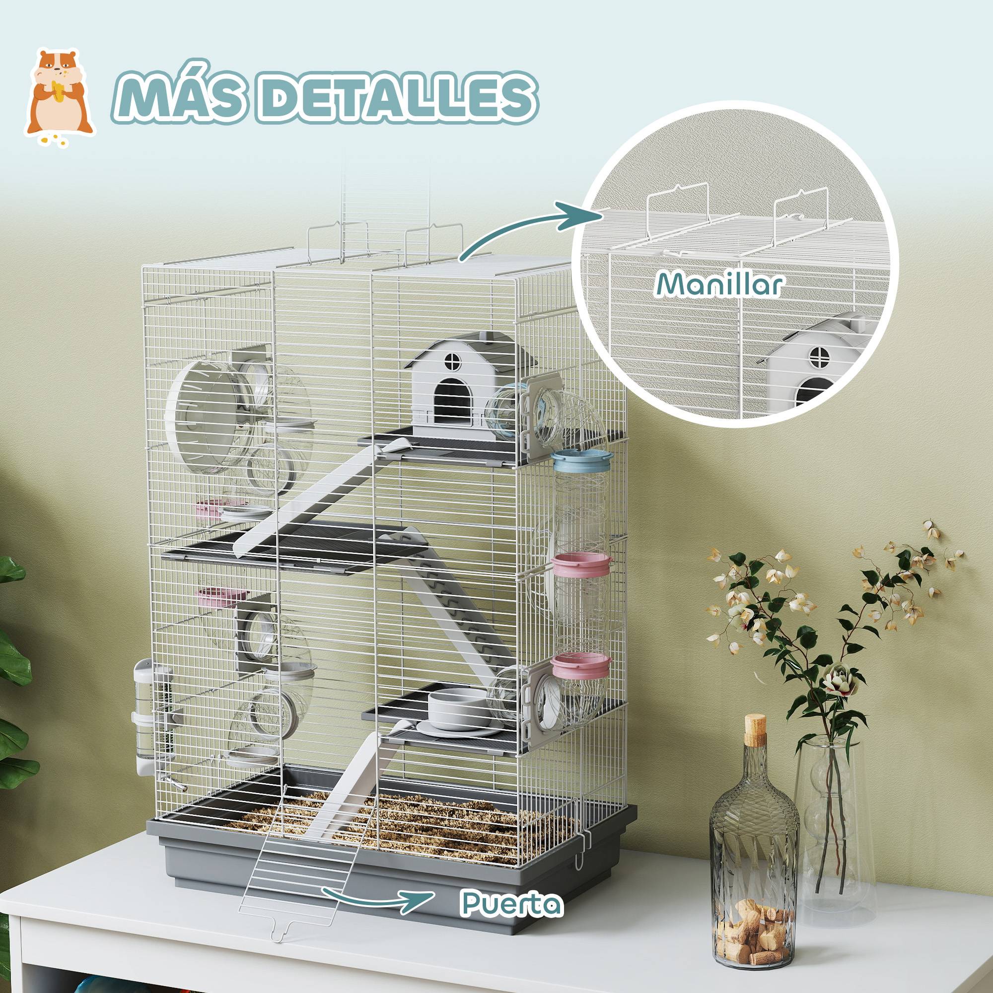 Cage hamster métal petits rongeurs 4 niveaux tubes créatifs 47x30x70cm gris - ComfortXL Outdoor Living - Image 9