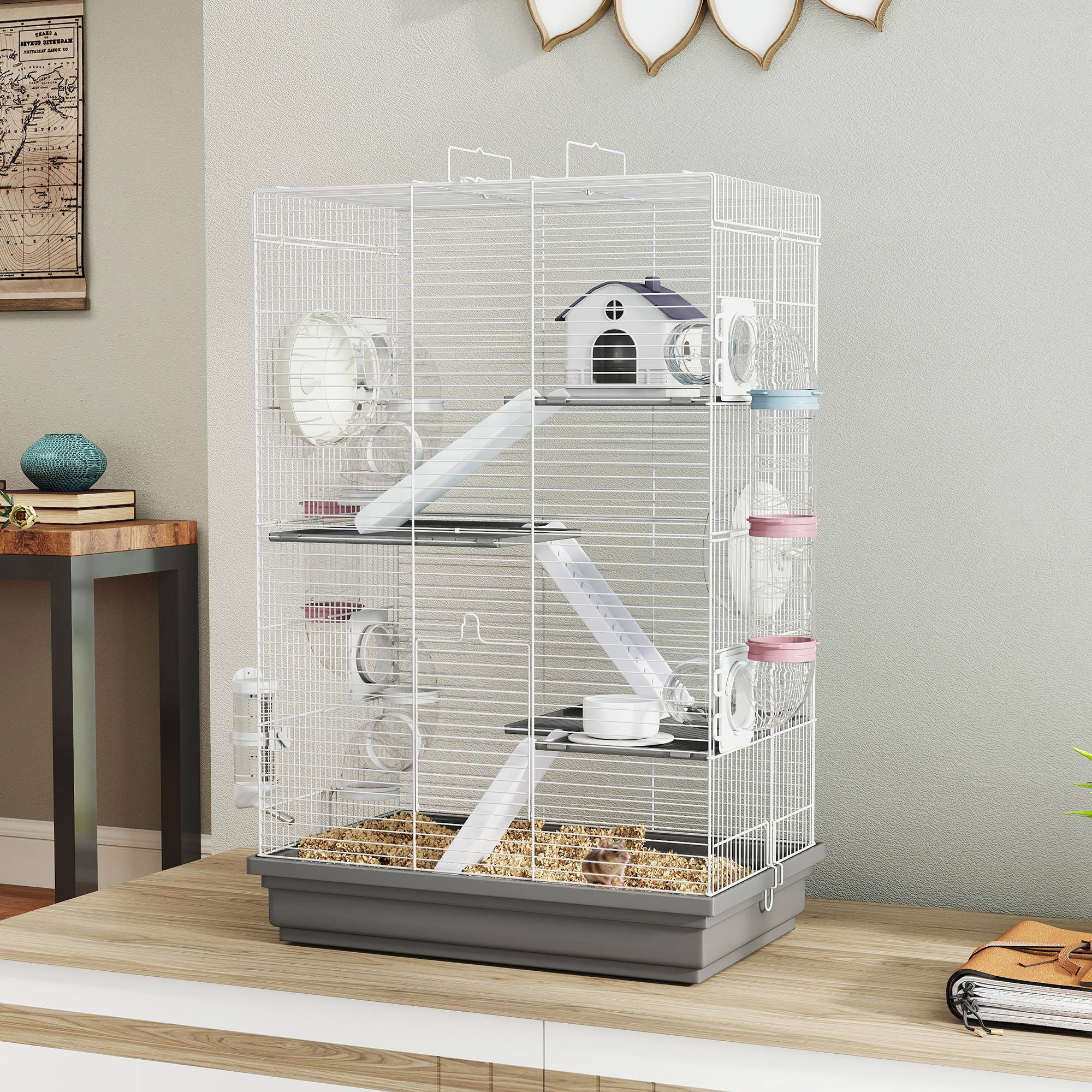 Cage hamster métal petits rongeurs 4 niveaux tubes créatifs 47x30x70cm gris - ComfortXL Outdoor Living - Image 4