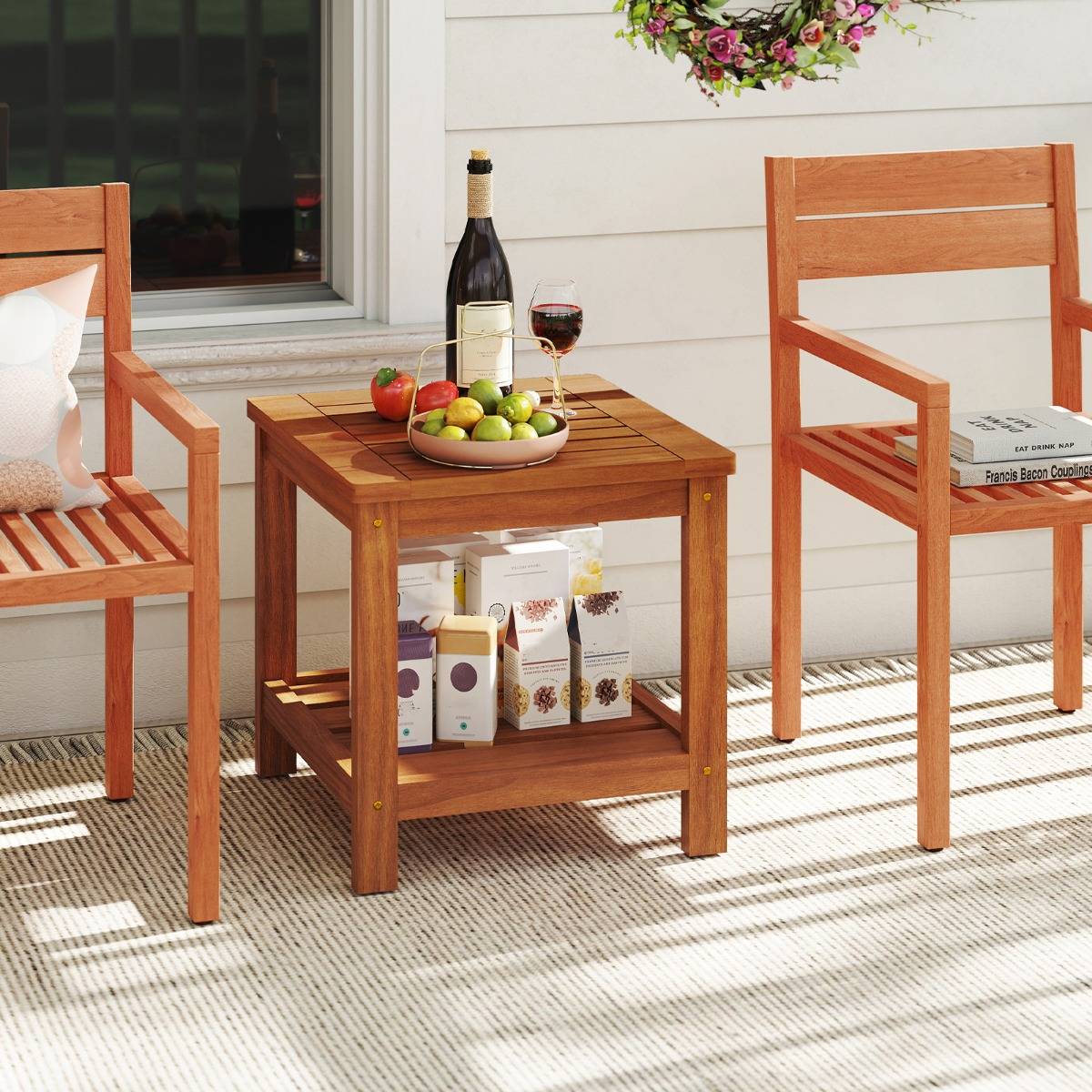 Table d'Appoint Extérieure Bois à 2 Niveaux Table de Jardin Étagère Petite Table de Bistrot 45x45x44 cm MAISON CHIC - Image 3