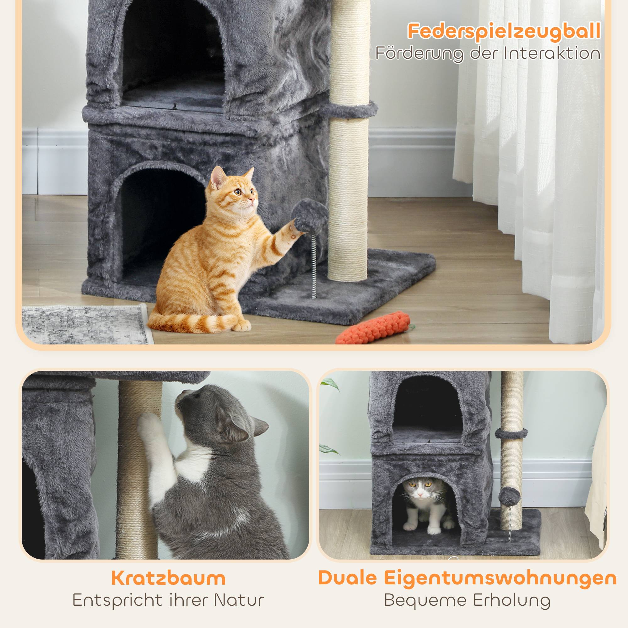 Sans Marque - Katzenkratzbaum, Katzenturm, 2 Höhlen, Plattform, Sisalpfosten, kompakt, Dunkelgrau - Image 5