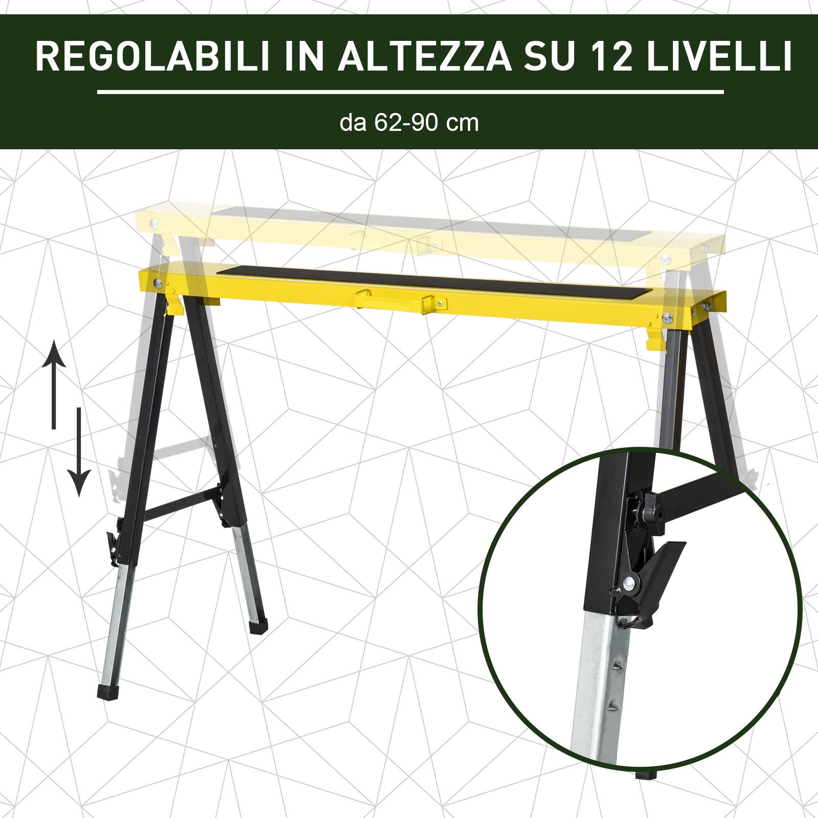 ComfortXL - Lot de 2 tréteaux pliants en métal jaune et noir réglables de 62 à 90 cm pour bricolage avec plateau antidérapant - Image 7