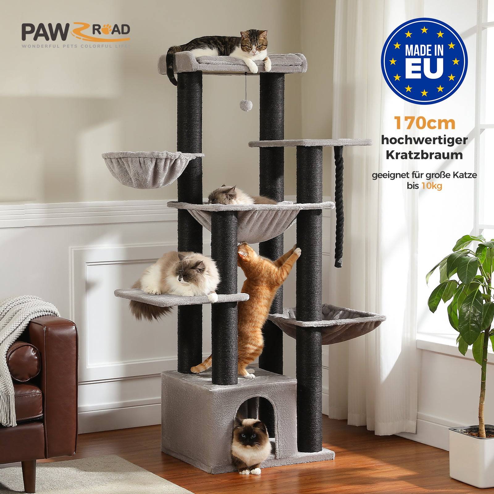 Pawzroad - Grand Arbre à Chat 170 cm avec Griffoirs XXL Noir PAWZ Road - Image 7