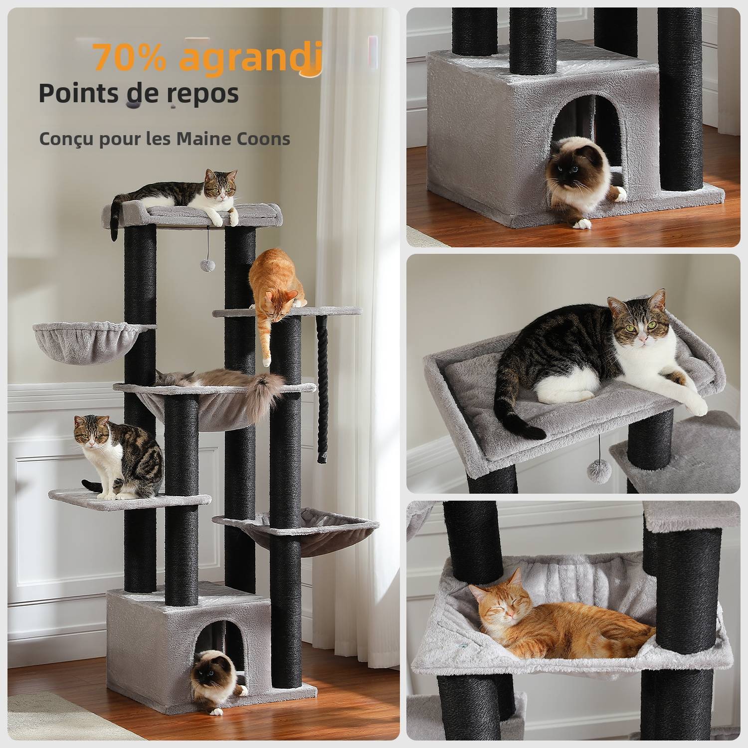Pawzroad - Grand Arbre à Chat 170 cm avec Griffoirs XXL Noir PAWZ Road - Image 4
