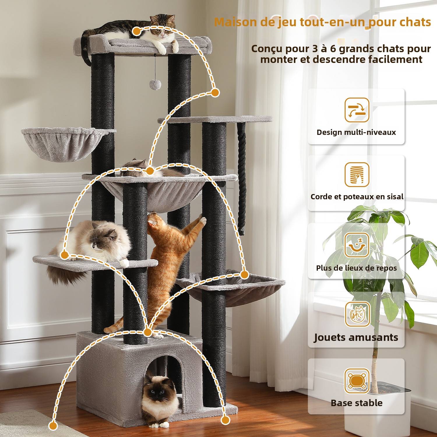 Pawzroad - Grand Arbre à Chat 170 cm avec Griffoirs XXL Noir PAWZ Road - Image 3