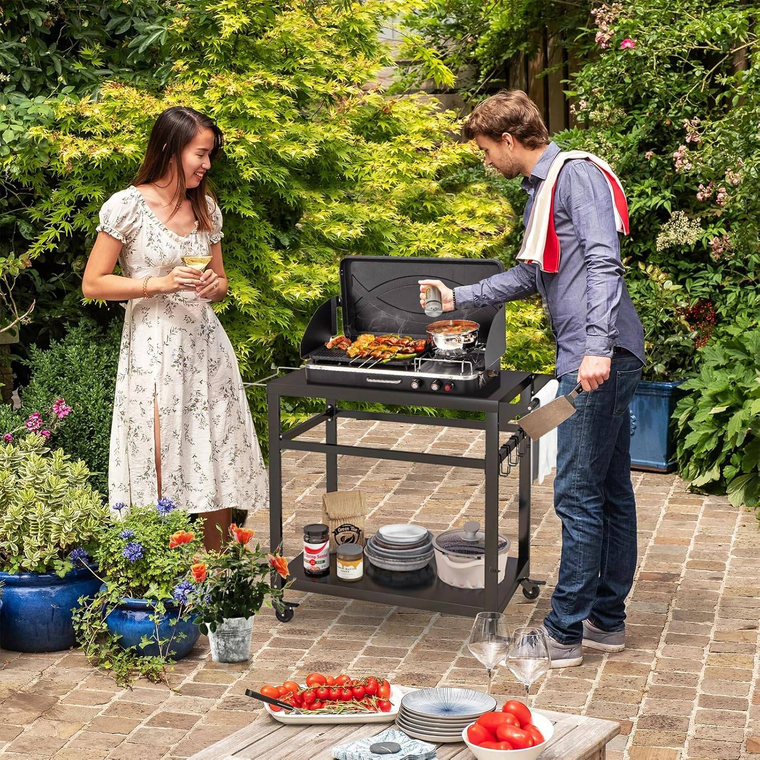 Chariot De Barbecue D'Extérieur Polyvalent Noir - Table D'Appoint Avec 2 Étagères, 4 Roulettes Et Crochets, Idéal Jardin Et Terrasse