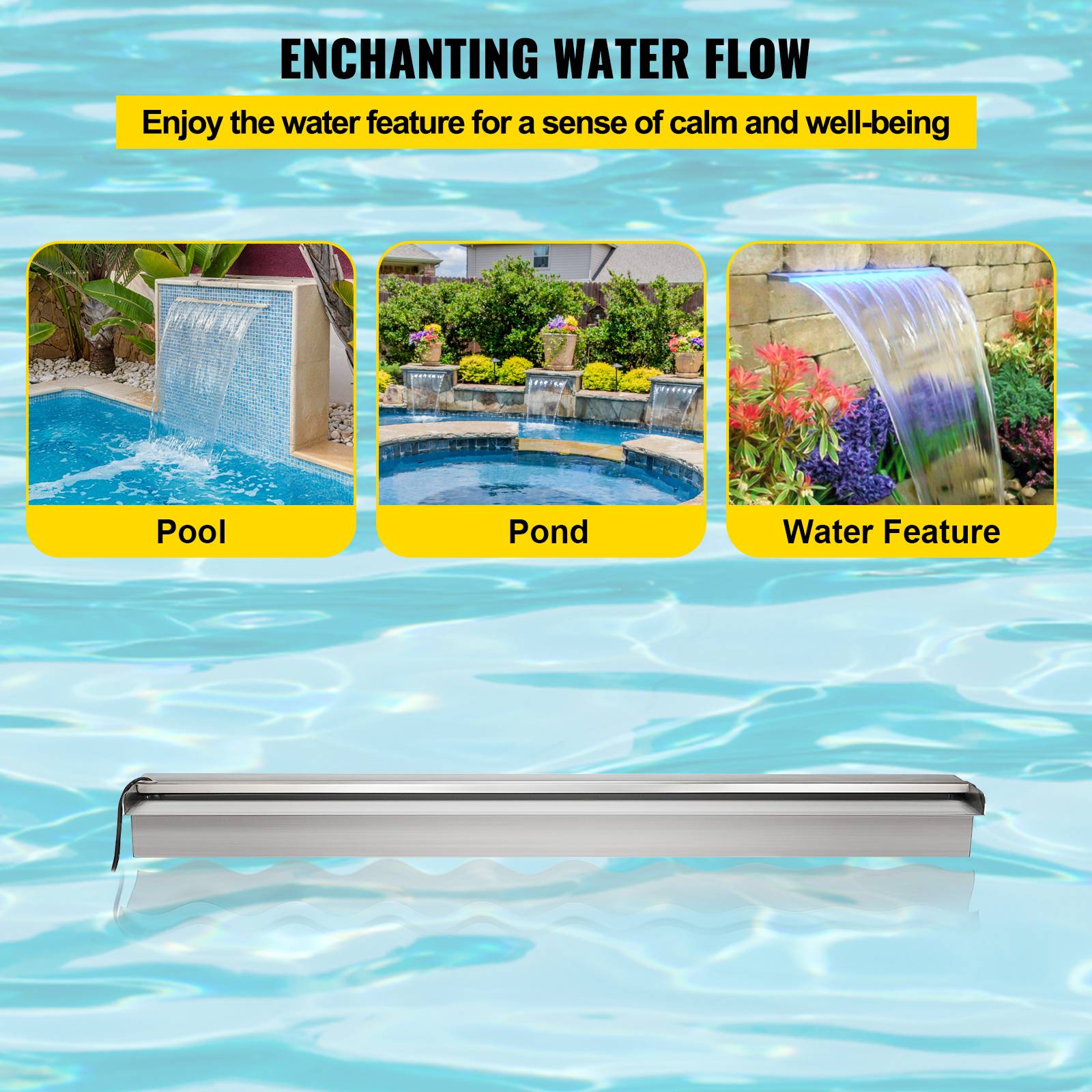 VEVOR Déversoir cascade piscine inox 151x11.5x8cm avec LED couleur, télécommande, pour étang/jardin extérieur. - Image 4