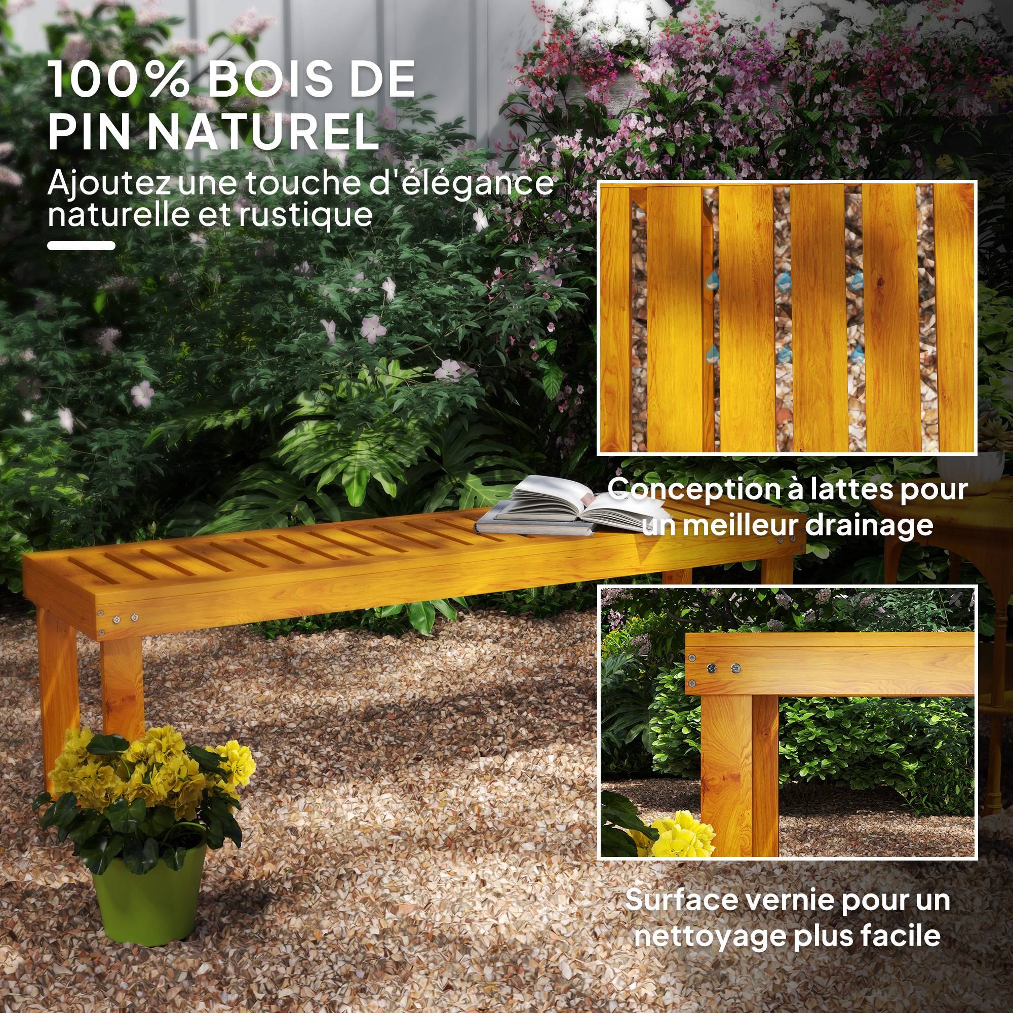 Banc de jardin banc en bois de pin 2 places banquette de jardin assise à lattes 132 x 34 x 43 cm bois naturel - Image 7