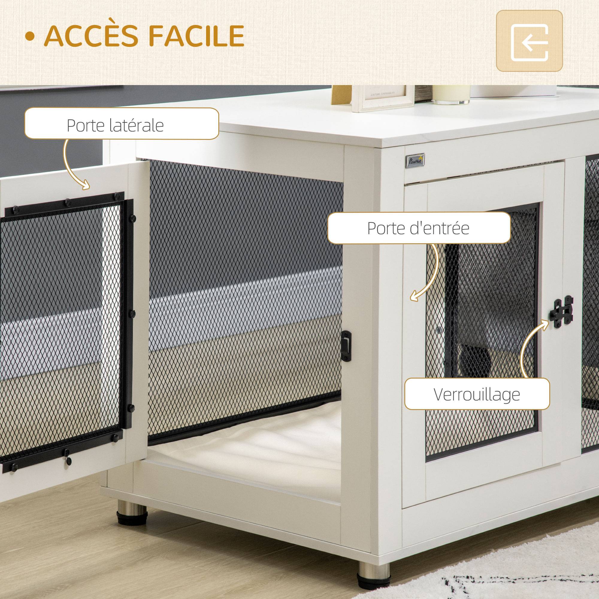 Pawhut - Cage pour chien sur pied style industriel - 2 portes verrouillables, coussin inclus - acier maillé noir panneaux aspect bois blanc - Image 6