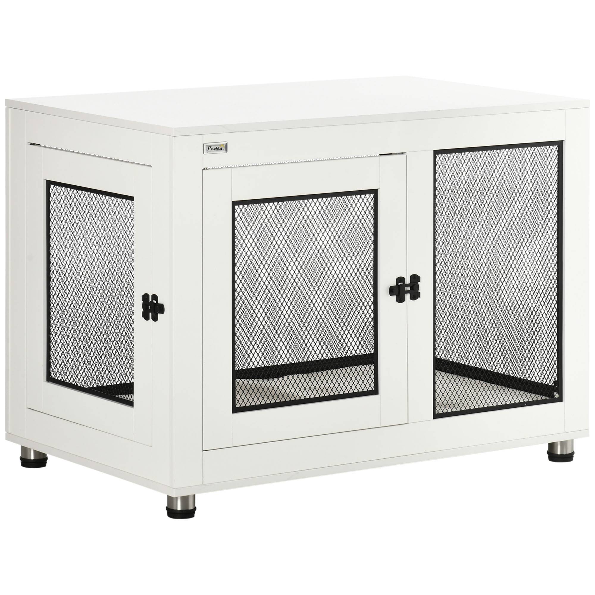Pawhut - Cage pour chien sur pied style industriel - 2 portes verrouillables, coussin inclus - acier maillé noir panneaux aspect bois blanc - Image 1