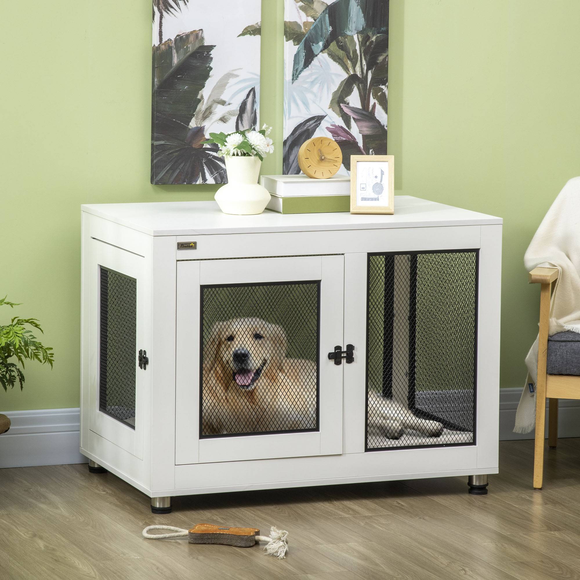 Pawhut - Cage pour chien sur pied style industriel - 2 portes verrouillables, coussin inclus - acier maillé noir panneaux aspect bois blanc - Image 2