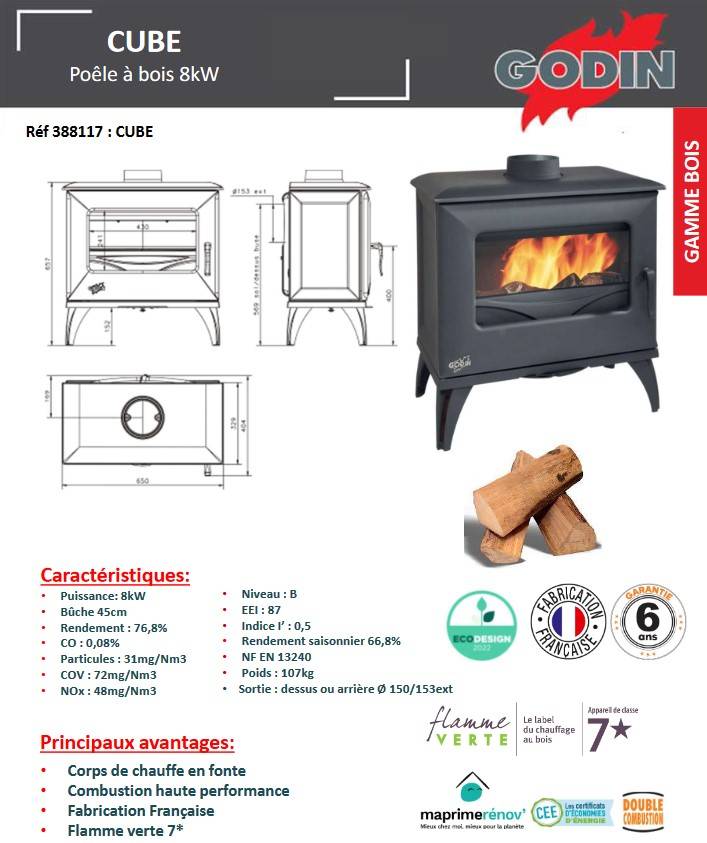 Poêle bois bûche GODIN Cube 8Kw - Anthracite - 388117 - Image 3