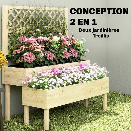 Jardinière 2 Niveaux Treillis Bois Jardin Culture Vignes 108x62x120cm Naturel - ComfortXL Outdoor Living - Image 6