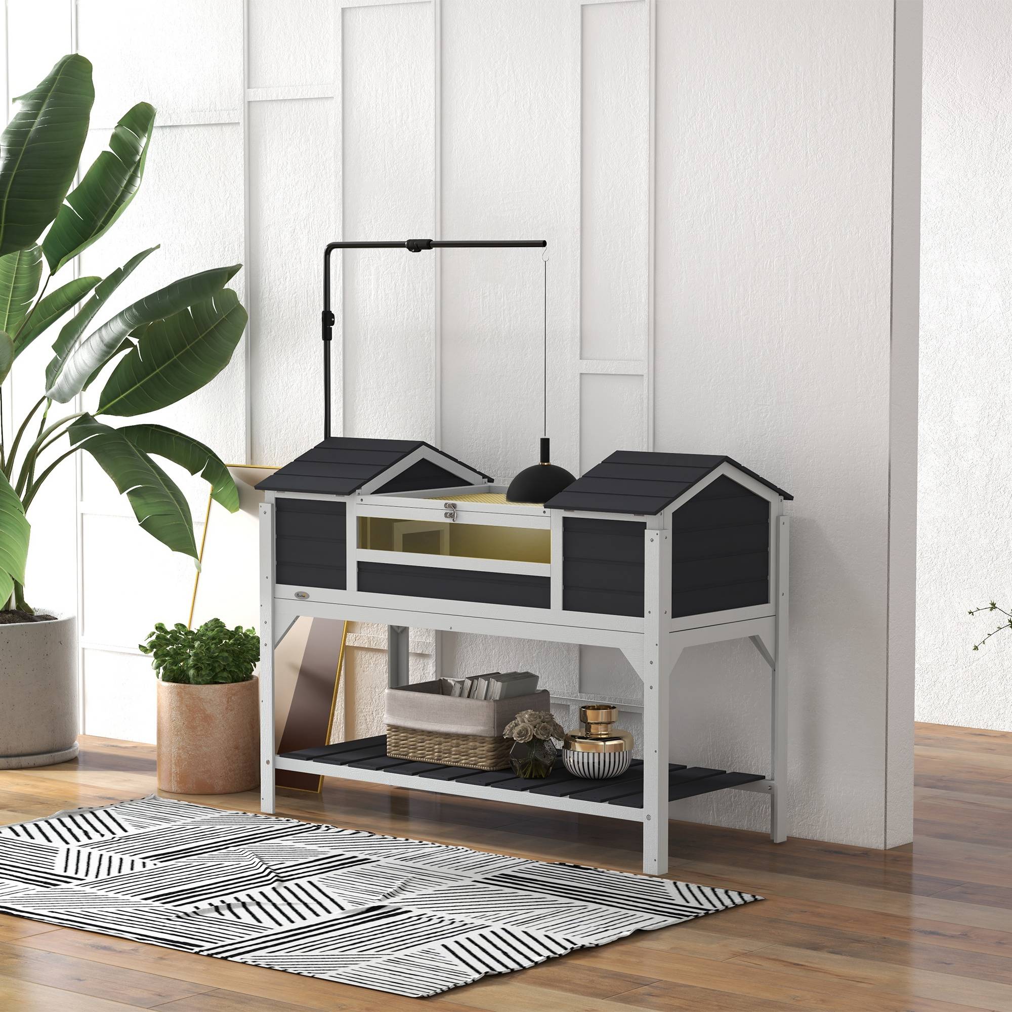 Maison tortue terrestre extérieure enclos tortue 2 niches support de lampe réglable bois massif 122 x 56,5 x 93 cm gris - Image 4
