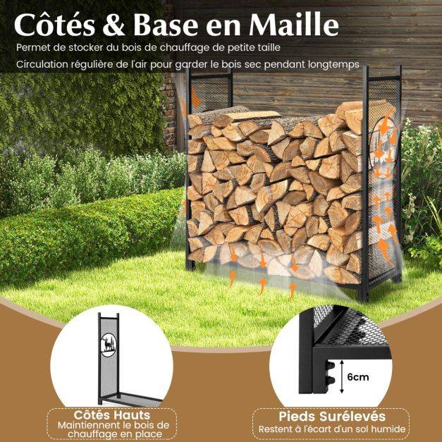 Helloshop26 - Support à bois de chauffage 121 cm support à bûches robuste avec côtés en maille motifs de cerfs et d'arbres pour intérieur et extérieur noir - Image 2