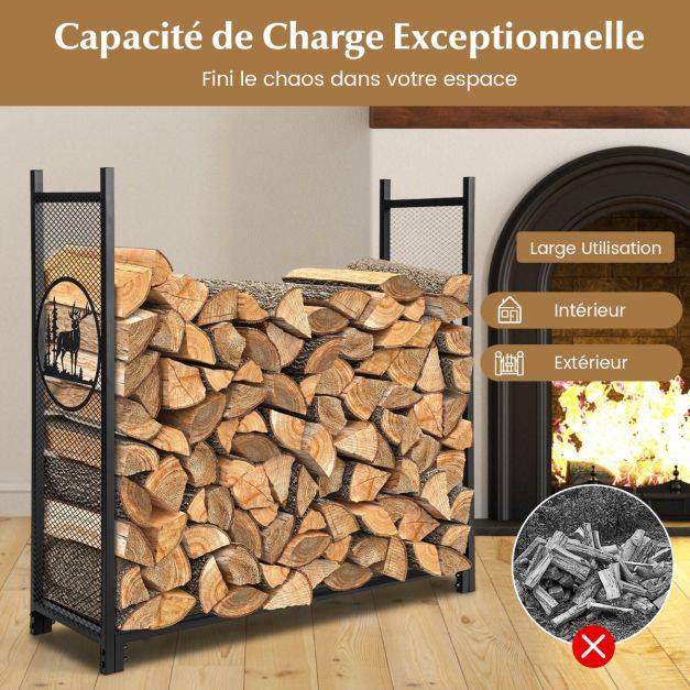 Helloshop26 - Support à bois de chauffage 121 cm support à bûches robuste avec côtés en maille motifs de cerfs et d'arbres pour intérieur et extérieur noir - Image 4
