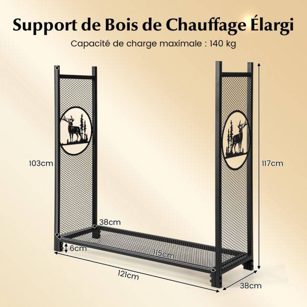 Helloshop26 - Support à bois de chauffage 121 cm support à bûches robuste avec côtés en maille motifs de cerfs et d'arbres pour intérieur et extérieur noir - Image 6