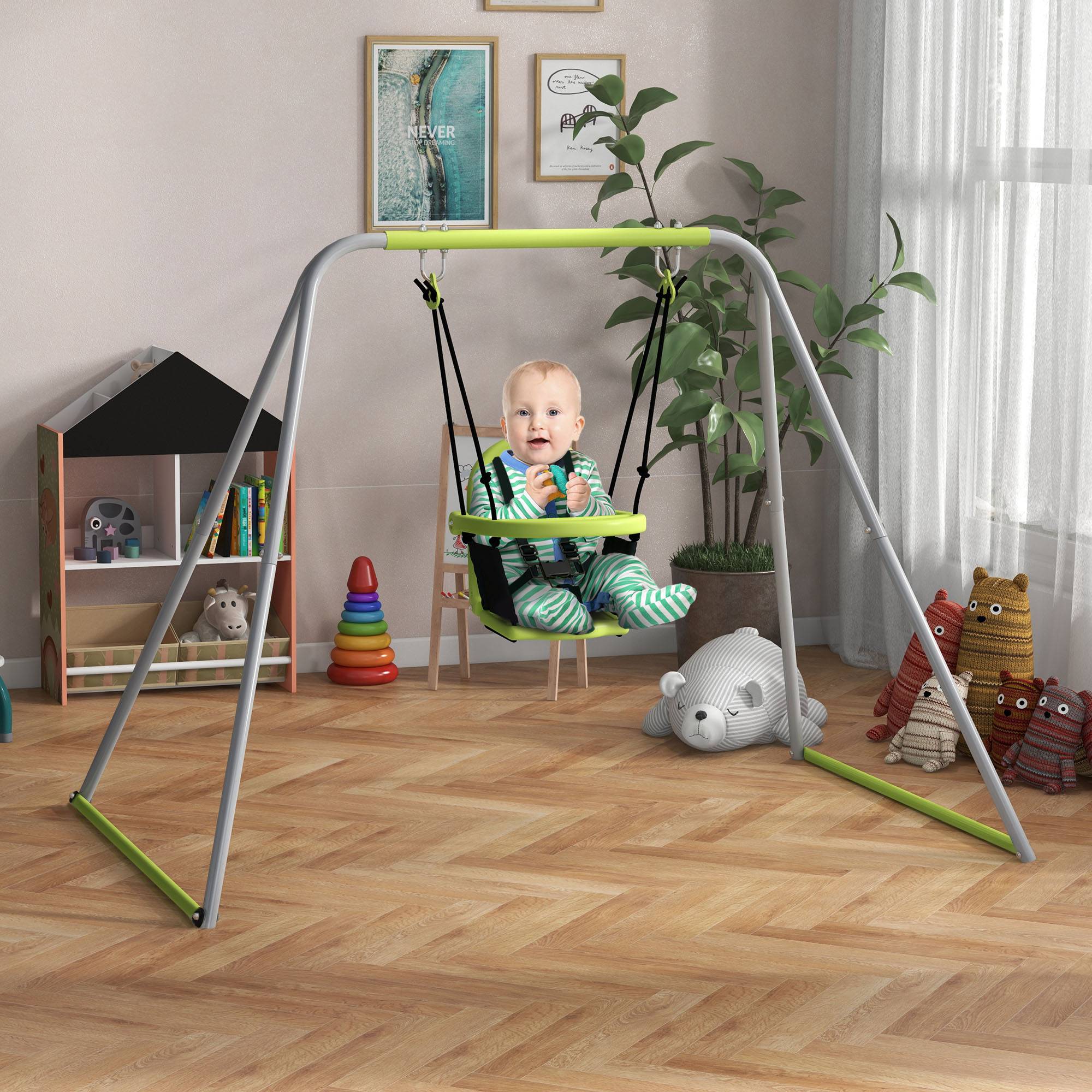 Balançoire portique balançoire 2 en 1 pour bébé ceinture de sécurité à 5 points intérieure extérieure - Image 10