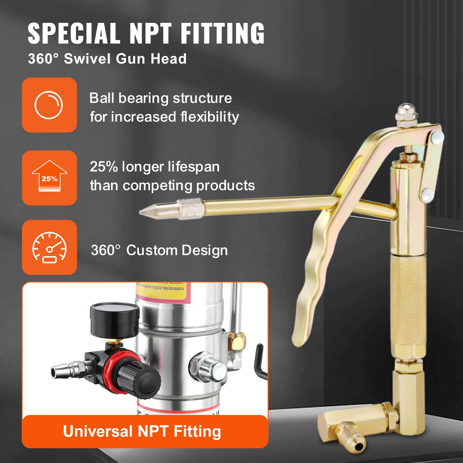 VEVOR Pompe à graisse pneumatique 50:1, 40L, 4m tuyau, buse 360°, sur roues, NPT. - Image 3