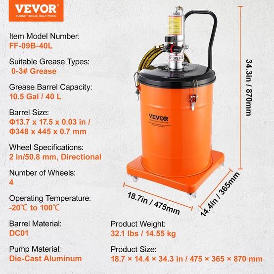 VEVOR Pompe à graisse pneumatique 50:1, 40L, 4m tuyau, buse 360°, sur roues, NPT. - Image 7
