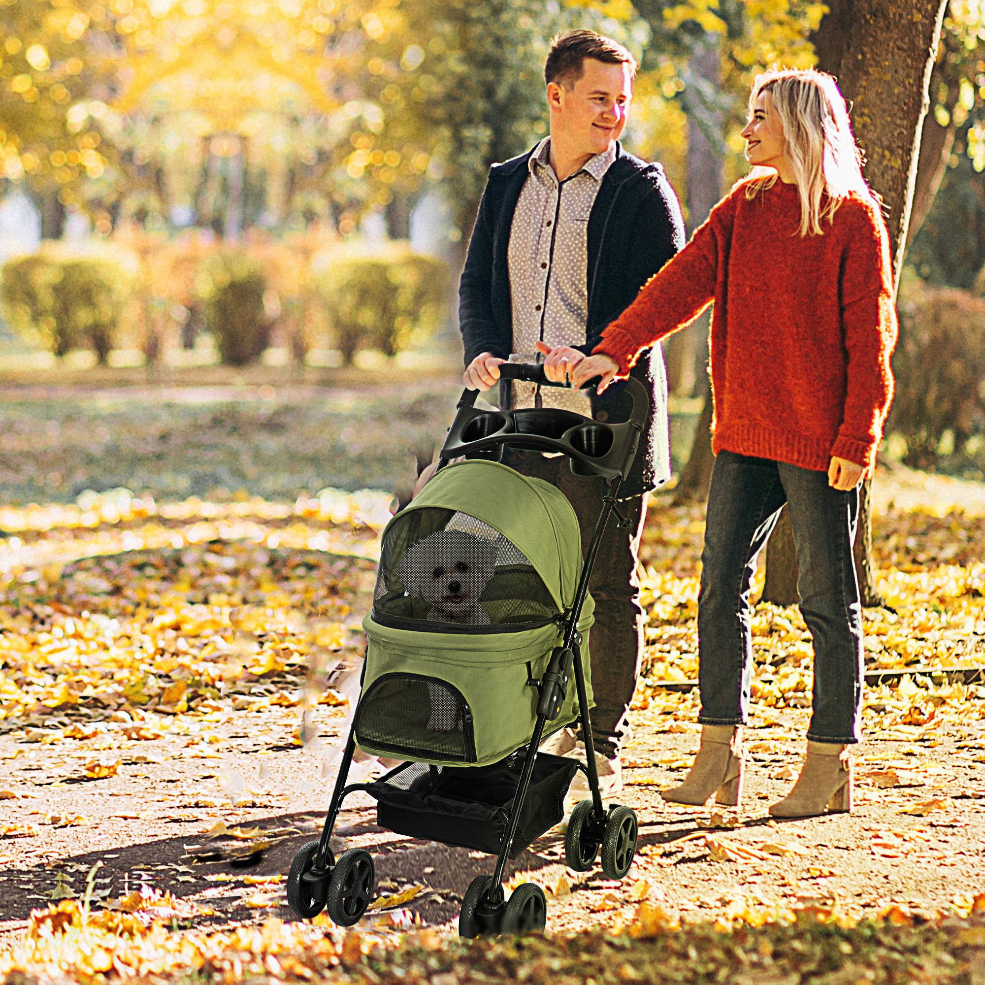 Poussette buggy pliable chien chat panier rangement porte-gobelets tissu 300D Oxford imperméable 4 roues vert - Image 3