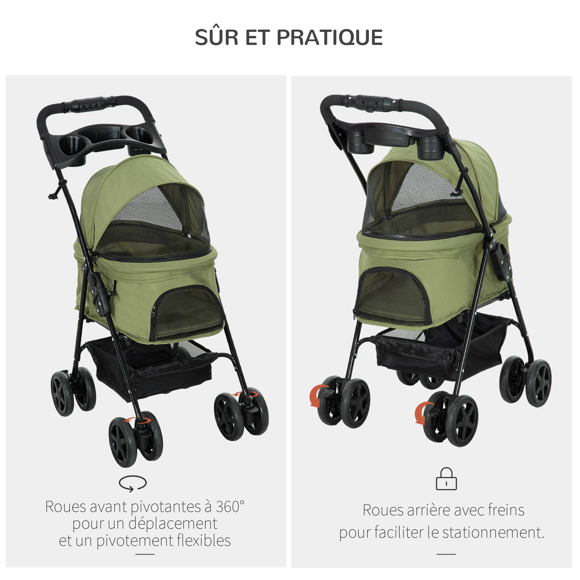 Poussette buggy pliable chien chat panier rangement porte-gobelets tissu 300D Oxford imperméable 4 roues vert - Image 7