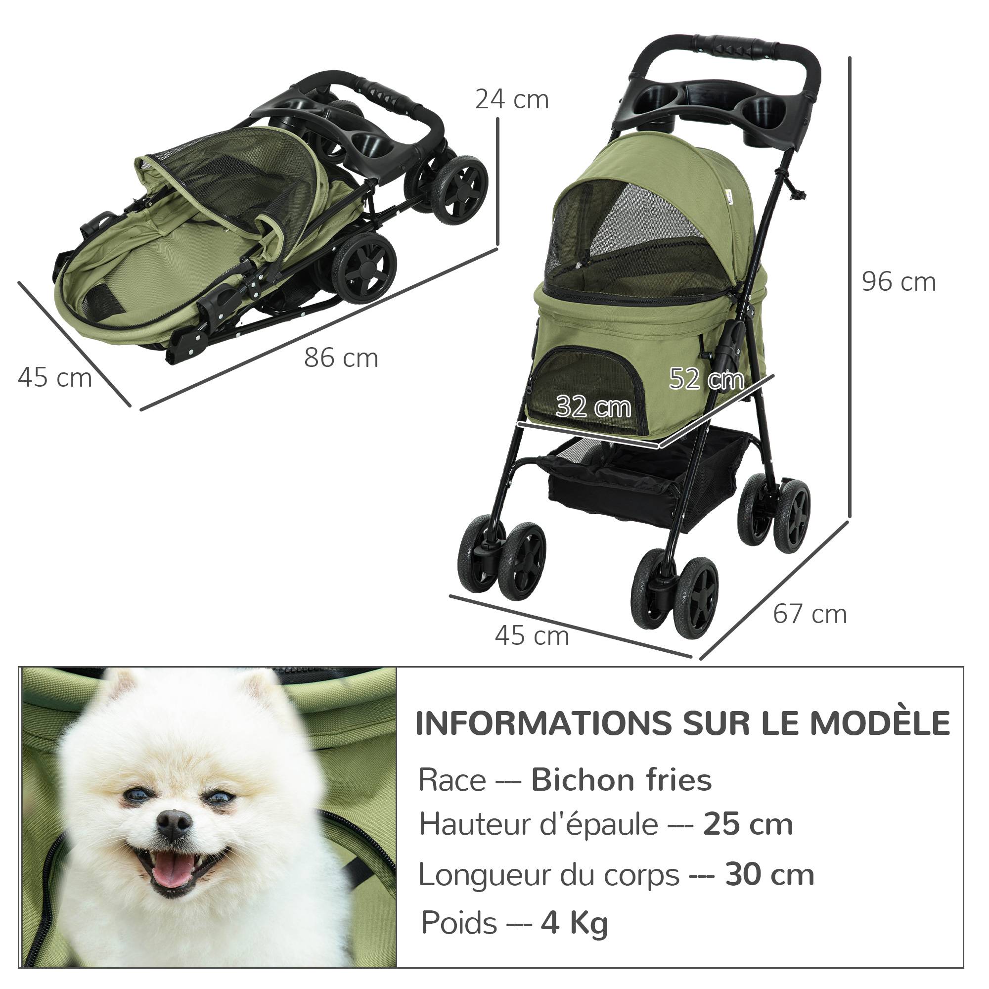 Poussette buggy pliable chien chat panier rangement porte-gobelets tissu 300D Oxford imperméable 4 roues vert - Image 5