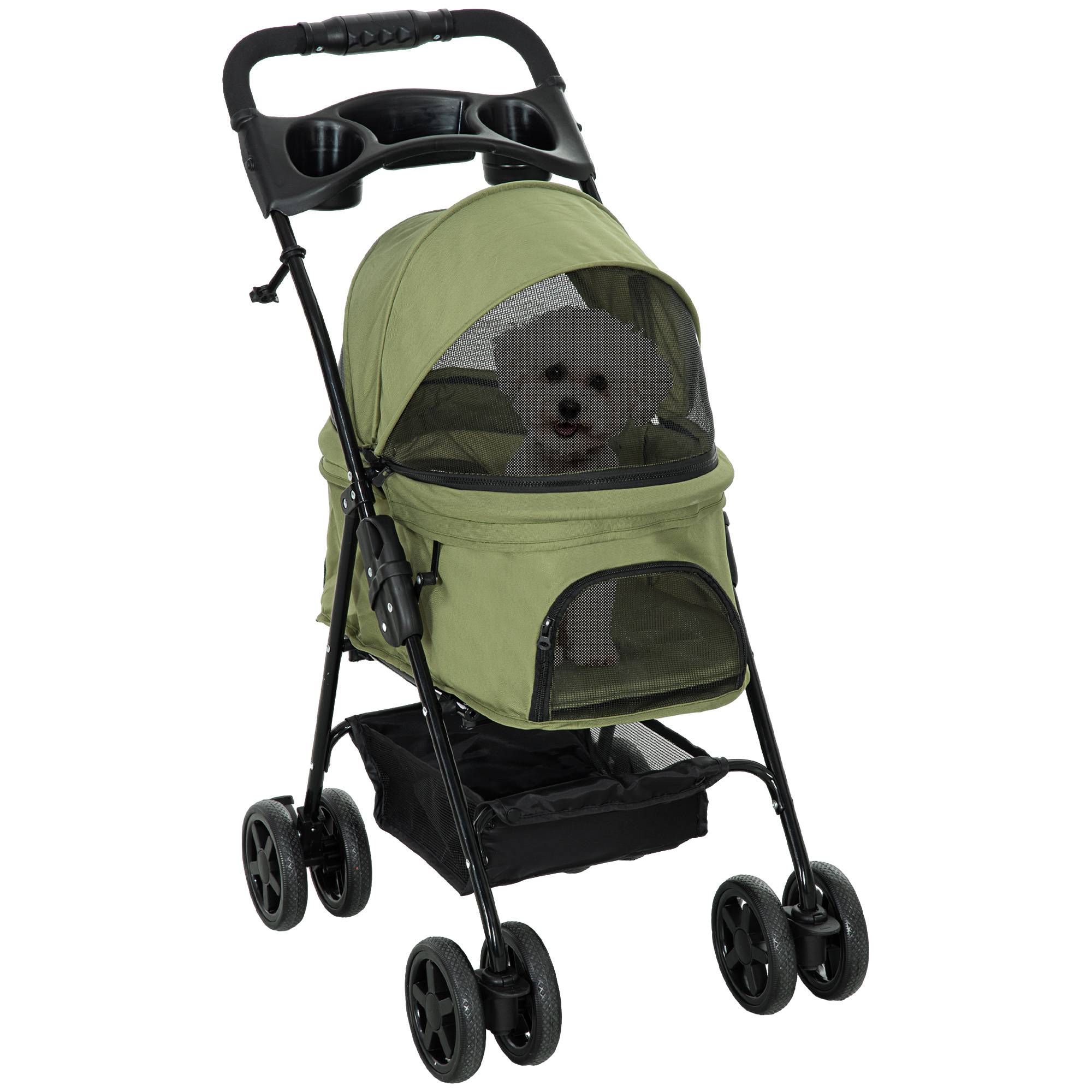 Poussette buggy pliable chien chat panier rangement porte-gobelets tissu 300D Oxford imperméable 4 roues vert - Image 10