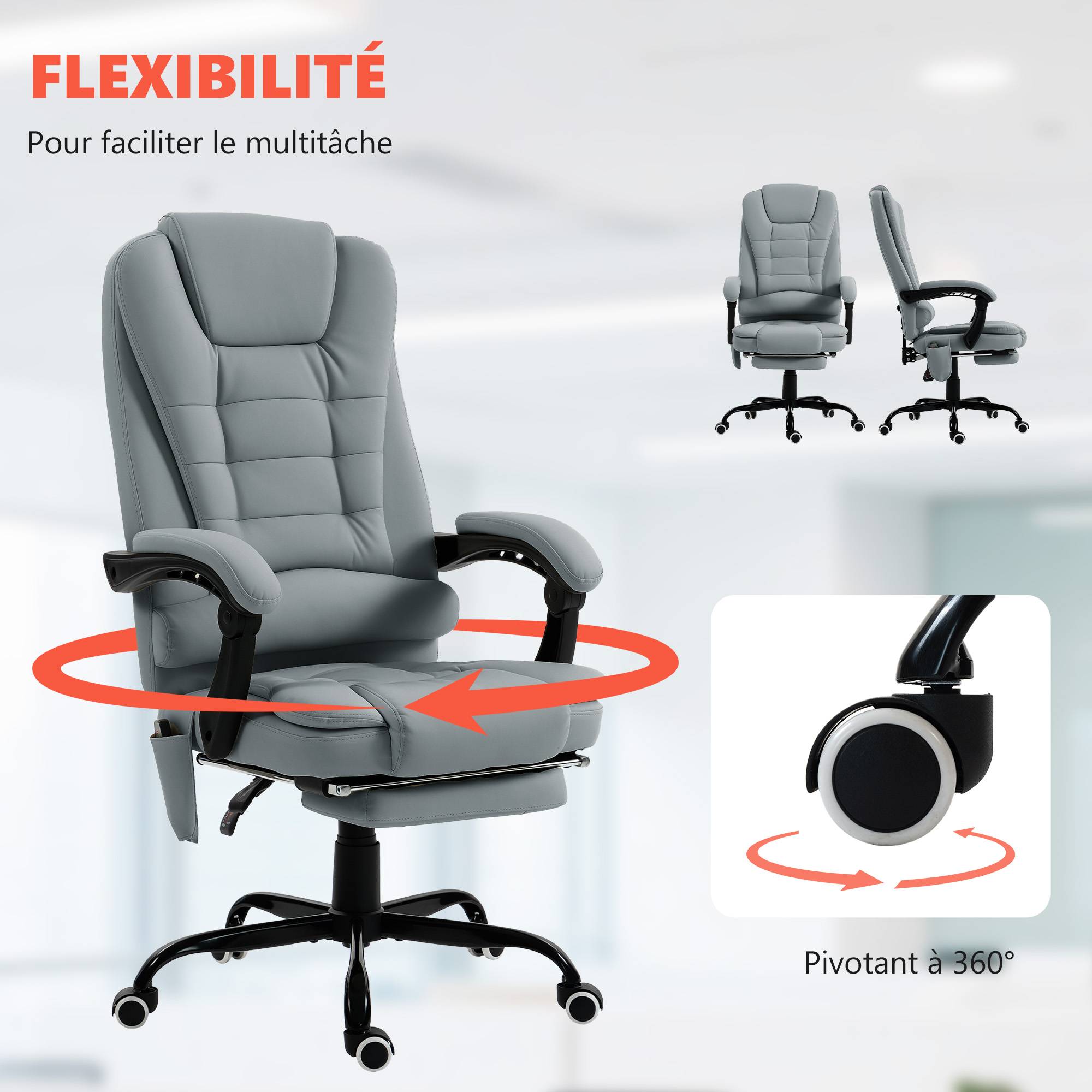 Sans Marque - Fauteuil de bureau massant, chaise de bureau avec hauteur réglable, dossier inclinable et télécommande filaire, gris - Image 9