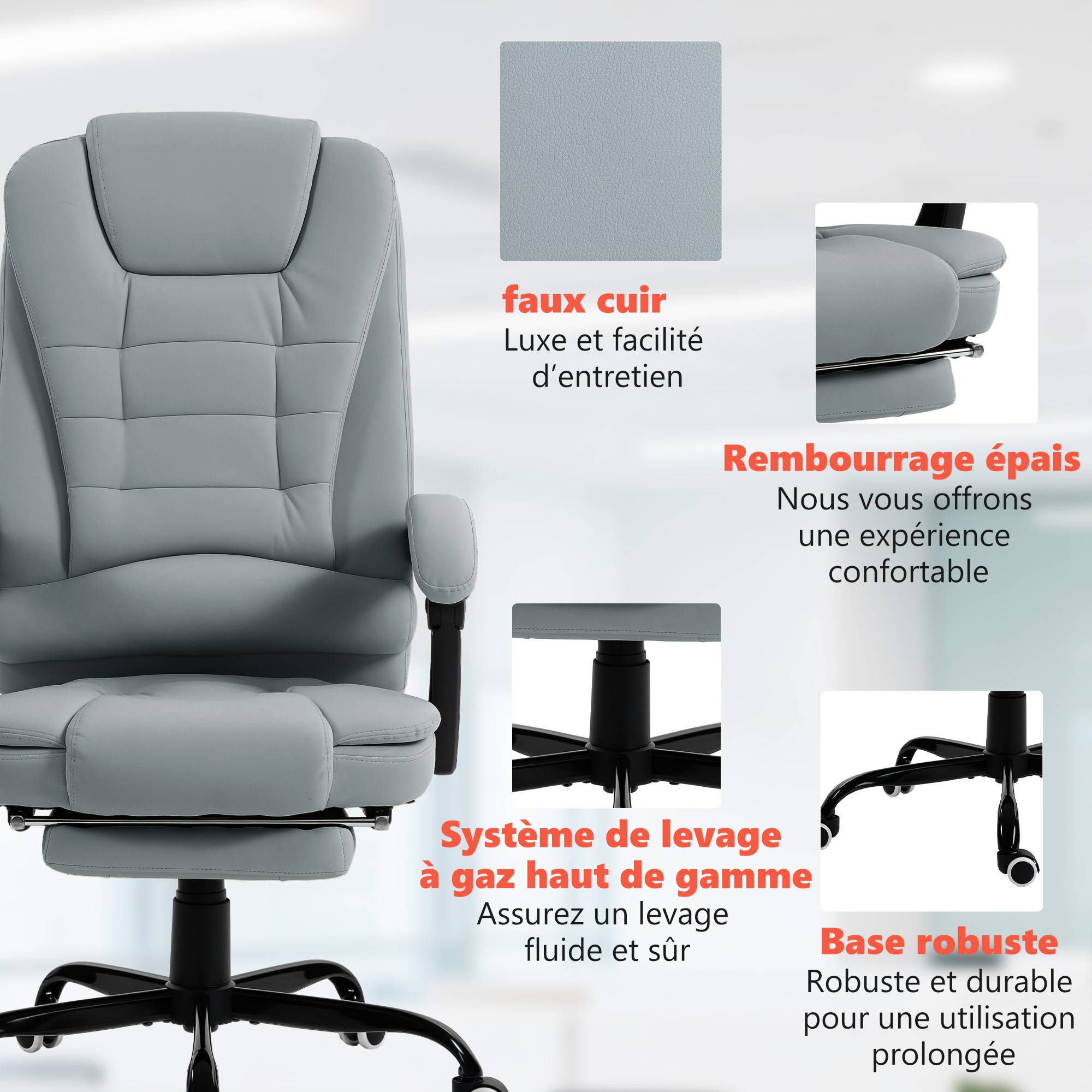 Sans Marque - Fauteuil de bureau massant, chaise de bureau avec hauteur réglable, dossier inclinable et télécommande filaire, gris - Image 10