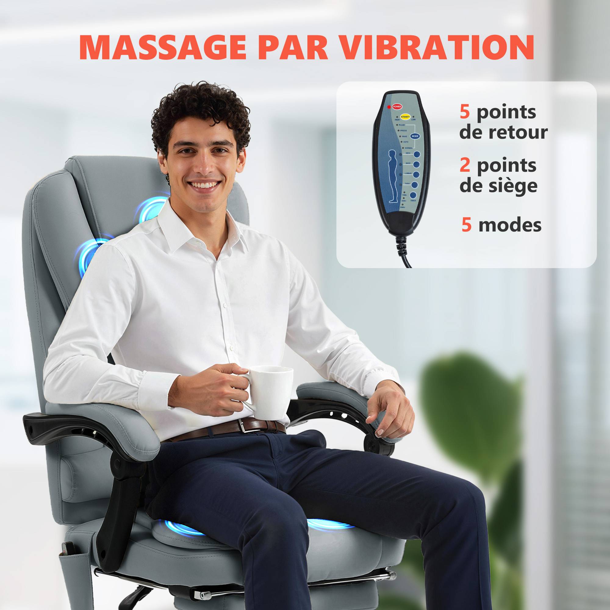 Sans Marque - Fauteuil de bureau massant, chaise de bureau avec hauteur réglable, dossier inclinable et télécommande filaire, gris - Image 6