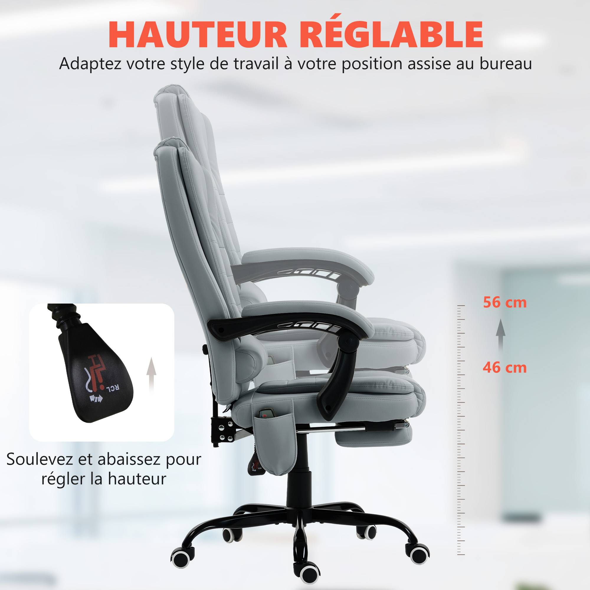 Sans Marque - Fauteuil de bureau massant, chaise de bureau avec hauteur réglable, dossier inclinable et télécommande filaire, gris - Image 8