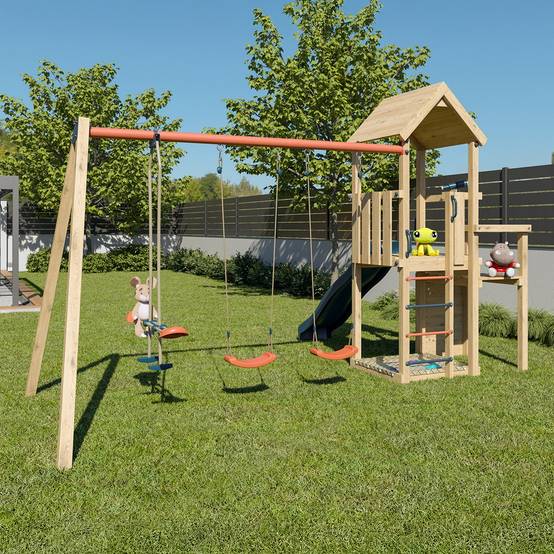Aire de jeux Xchange Clever bois avec poutre métal 3 agrès - Image 4
